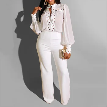 

Office Sexy Two Pieces Women Sets Elegant White Black Blouse Long Sleeve Mesh See Through Wide Pants Fashion Outfit Plus Size