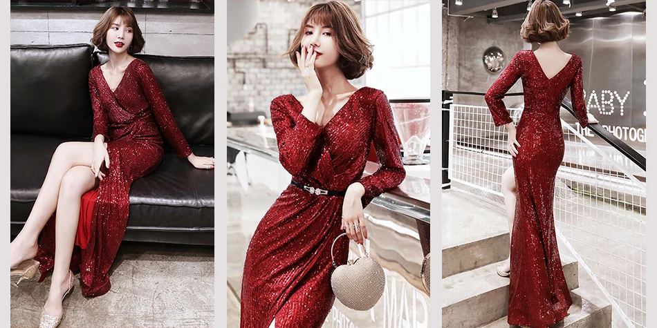 Это YiiYa Eveing платья с v-образным вырезом и рюшами с длинным рукавом Robe De Soiree расшитое блестками платье в пол русалка женские вечерние платья K060