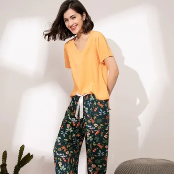 

XIFER Summer Hit Color Women Pajamas Comfortable Cotton Silk Pullover Short-sleeved Trousers Multi-flowered Ladies Home Service