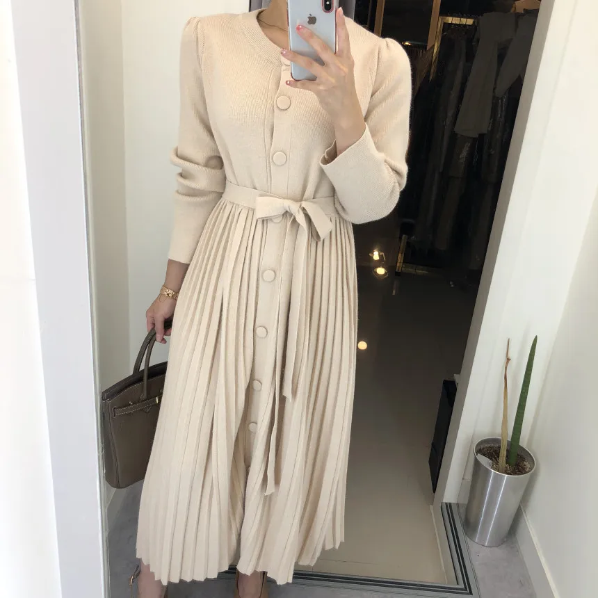 Korean Series Fairy Versatile Slimming Single Breasted Lace-up Pleated Skirt Pendulum Dress Knitted Long Skirts Women's