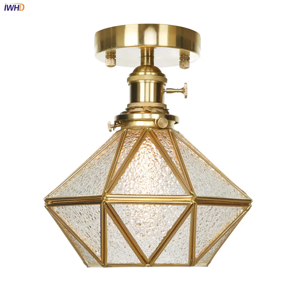 

IWHD American Country Vintage LED Ceiling Light Porch Kitchen Living Room Plafon Loft Industrial Decor Copper Ceiling Lamp
