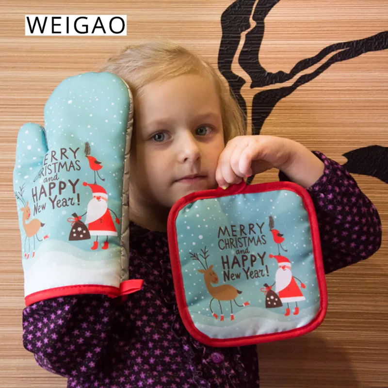 WEIGAO 2pcs Christmas hot Oven Mitts Baking Anti-Hot Gloves Pad Dining Kitchen Mat New Year 2021 Navidad Xmas Party Decorations