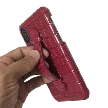 

Genuine Leather Hand Strap Holder Case For iPhone X XS Max XR 7 8 Plus Phone Luxury Crocodile Ultra Thin Slim Hard Cover Maroon