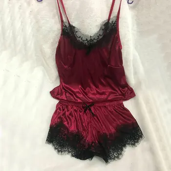 

Women's Sleepwear Hot Sexy Satin Pajama Set Black Lace V-Neck Pyjamas Spaghetti Strap Sleeveless Cute Cami Top and Shorts