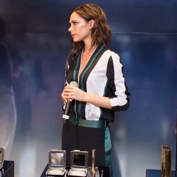 

New Arrival Victoria Beckham V-Neck Colorblock Long Sleeve Top And Stripe Trousers Set M3312