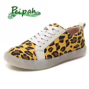 

PEIPAH 2020 Spring Leopard Women's Flats Ladies Genuine Leather Shoes Woman Ballet Flats Female Loafers Casual Lace-Up Sneakers