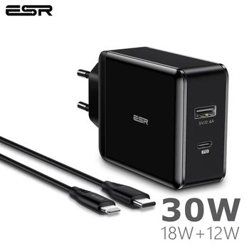 

ESR USB C Type-c 30W Dual Port Quick Charging Wall EU US Plug 18W PD 3.0 Fast Charger for iPhone 11 Pro XR XS Max iPad Android