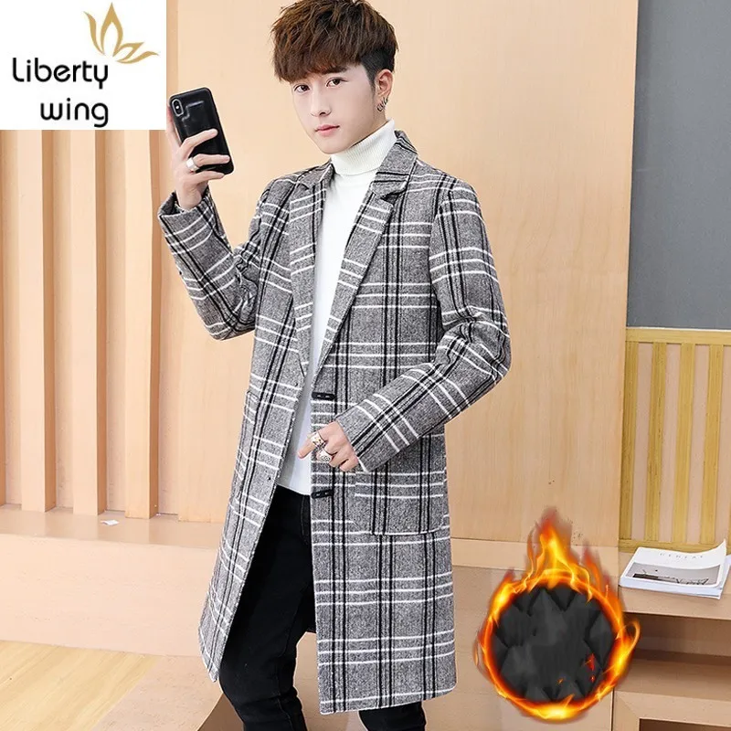 

British Winter Medium Lenght Mens Plaid Woolen Trench Coats Long Sleeve Slim Fit Single Breasted Lapel Male Overcoats Plus Size