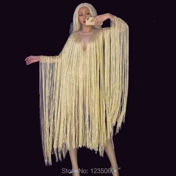 

Sexy Gold Long Fringes Bodysuit Costume Evening Party Long Sleeve Tassels Leotard Birthday Celebrate Stretch Dance Dress YOUDU