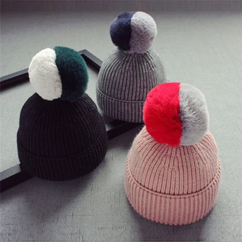 

2019 Cute Winter Baby Children Knitted Hats Double Color Hair Ball Beanies Cap Warm Kids Pompom Cap Crochet Boy Girl Fur Hats