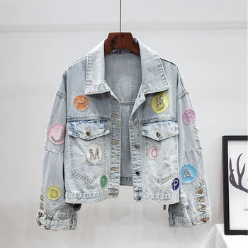 

Autumn Fashion Frayed Short Denim Jacket Coat Women Outerwear Loose Letter Diamonds Patch Design Jeans Jacket Female Streetwear