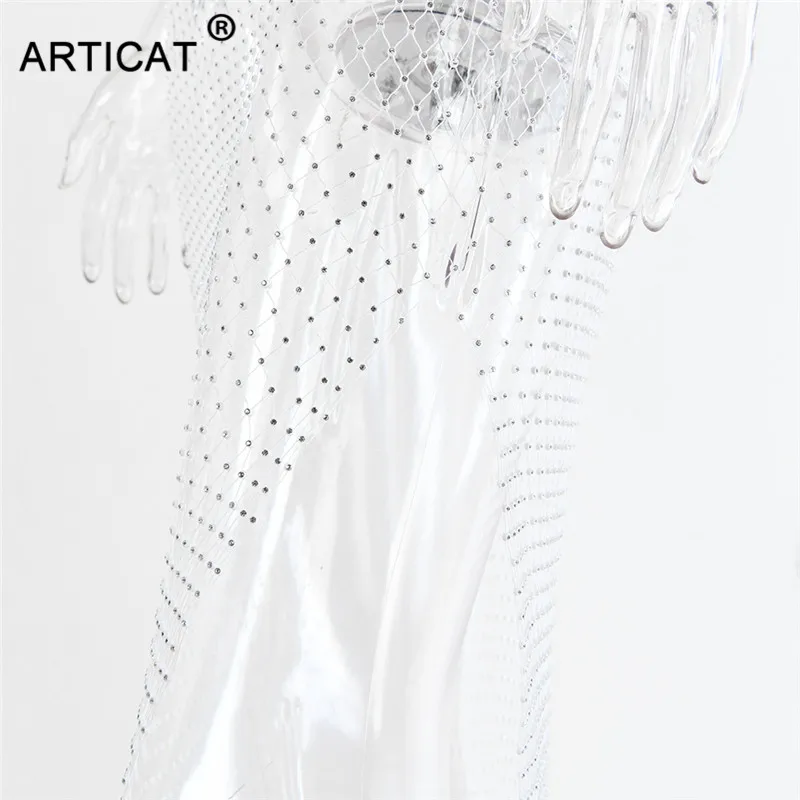 Articat женское Сетчатое платье с бриллиантами, комплект из двух предметов, сексуальное Сетчатое платье с вырезами и стразами, облегающее