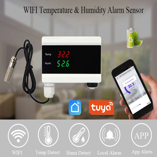 Alarma con sensor de humedad y temperatura WiFi: termómetro digital  higrómetro con sonda y batería recargable, alarma de zumbador y alertas de