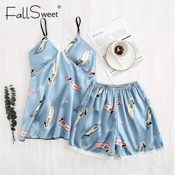 

FallSweet Sleeveless Satin Pajamas Set for Women Sexy Lace Sleepwear V Neck Print Two Piece Set Lingerie