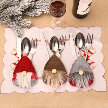 

Cute Faceless Doll Santa Claus Reindeer Christmas Pocket Fork Knife Cutlery Holder Bag Party Table Dinner Decoration Tableware