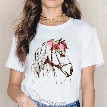 

Summer top Female white t-shirt women flowers horse animal print tee shirt femme cartoon sloth bear printed funy t shirts