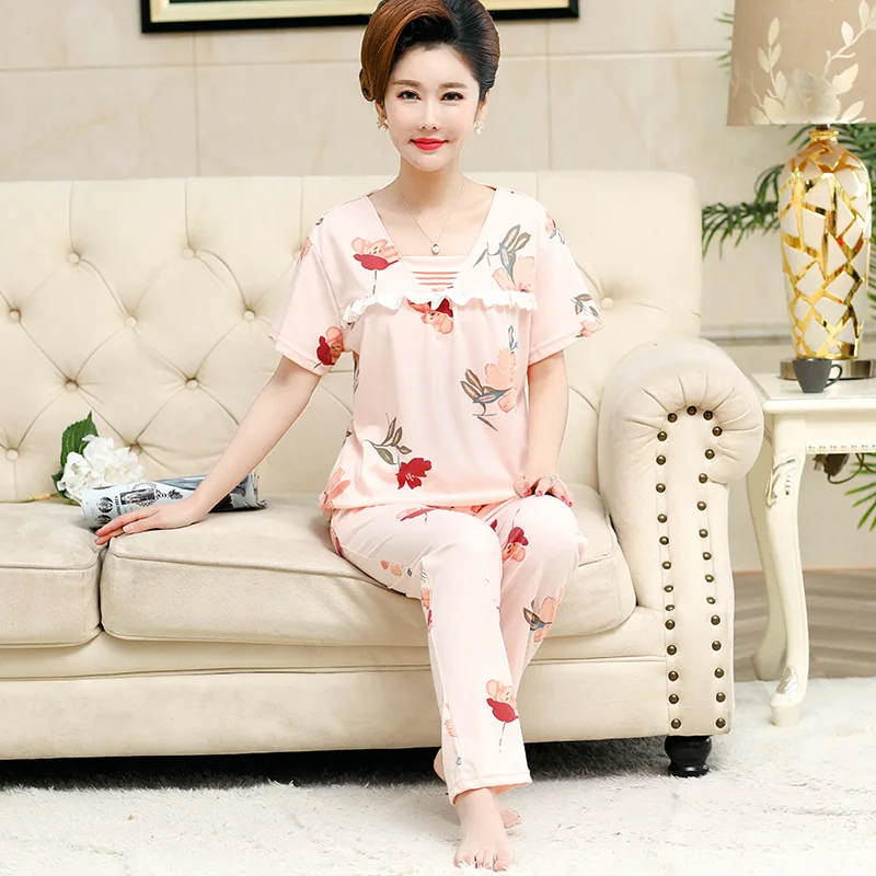 

Middle-aged WOMEN'S Pajama Short Sleeve Trousers Spring And Summer Mom Thin Lace Middle-aged Plus-sized Loose-Fit Set