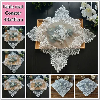 

European Lace Embroidery Square Table Mat Food Dessert Fruit Cover Coffee Cup Coaster Bedroom Phone Pad Banquet Party Decoration