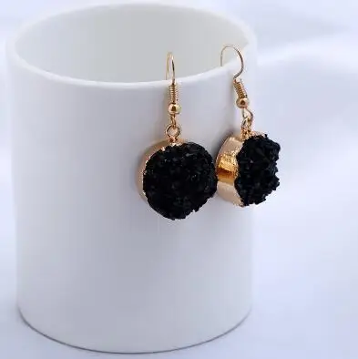 Unique Sparkly Colorful Drusy Round Circle Dangle Earings Pink Quartz Color Resin Stone Druzy Earrings For Women Jewelry - Окраска металла: black