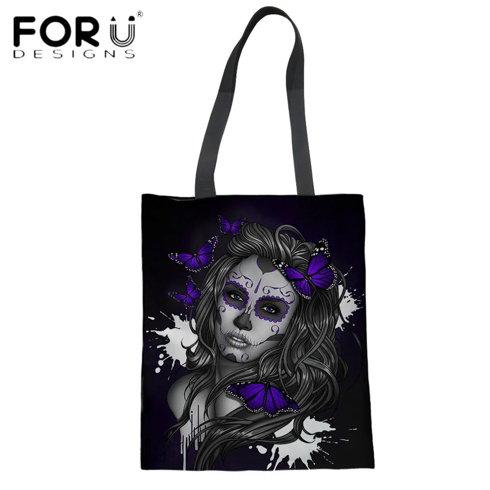 FORUDESIGNS винтажная холщовая Складная женская сумка-тоут день мертвецов сахар череп