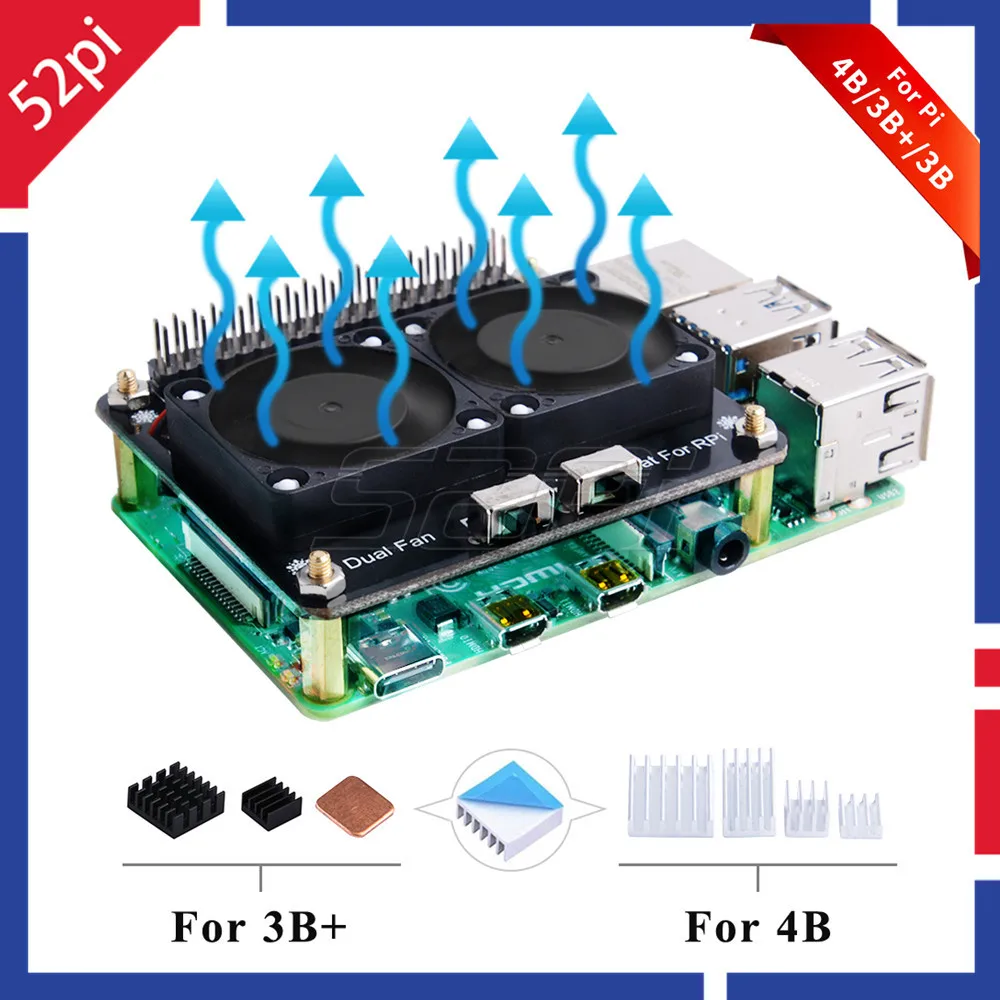 Плата расширения 52Pi Raspberry Pi светодиодный модуль с двойным охлаждающим