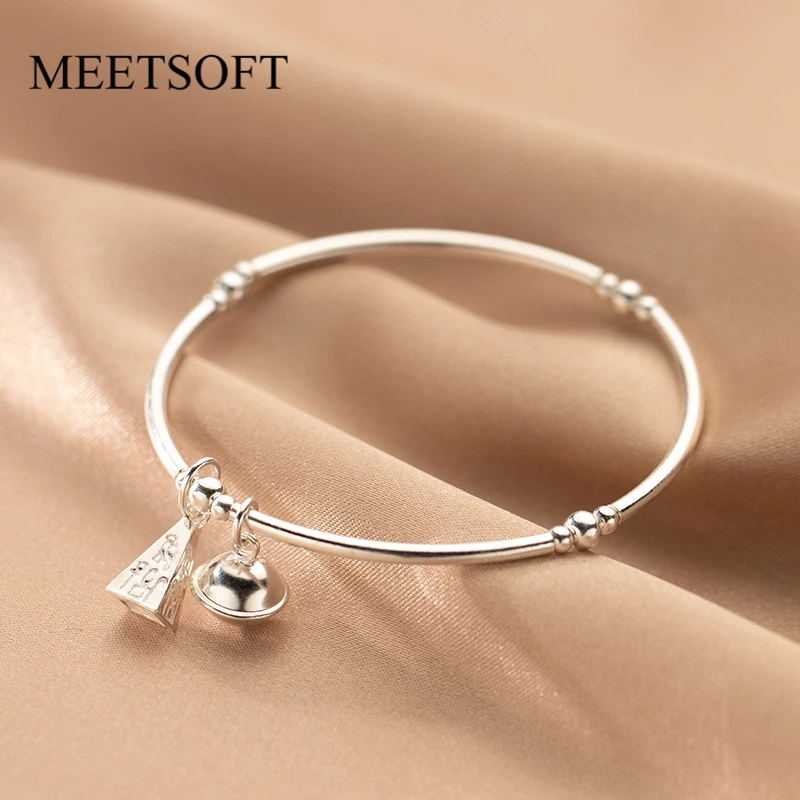 MEETSOFT Lovely 925 Sterling Silver Bell Triangle Elastic Rope Bracelets for Women Fine Jewelry Match Charms Gift Drop Shipping | Украшения