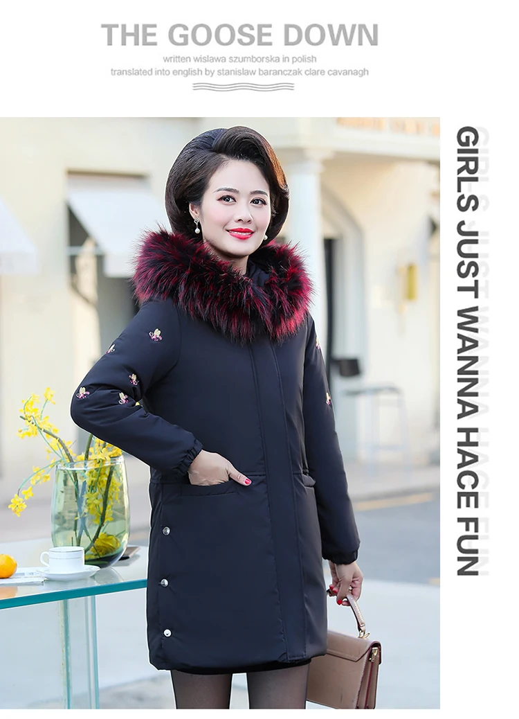 New Parkas Female Fur collar Winter Coat Women Thick Cotton Winter Jacket Women Fashion Outwear Parkas Mother's embroidery Coat
