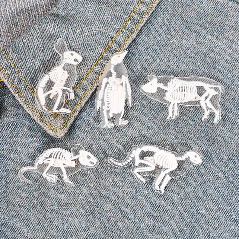 

6 Styles Animal Skeleton Acrylic Pin Cat Pig Rabbit Penguin Bird Rat Brooch Badge Lapel Pin Clothes Bag Jewelry