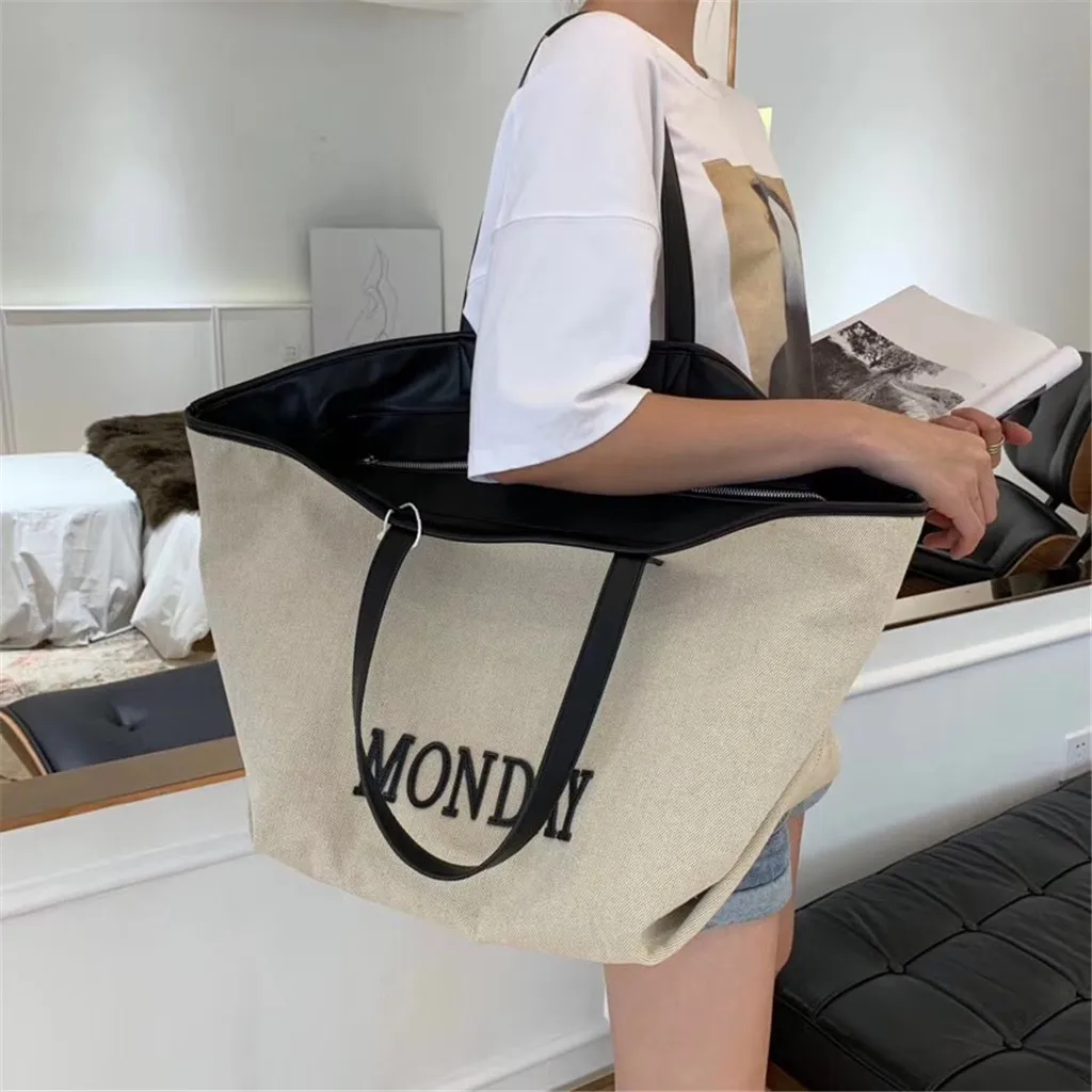 

Monday Alphabet Ladies Tote Bag 2020 Oversized Canvas Shoulder Bag Tote Large Capacity White Preppy Style Ladies Hand Bags