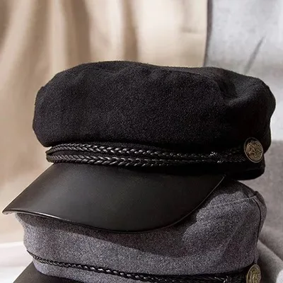 Woolen black Модная шапка унисекс из искусственной кожи в стиле милитари, Осенние шляпы матроса для женщин, шерстяная черная Серая шерстяная женская шапка для путешествий - Цвет: Woolen black