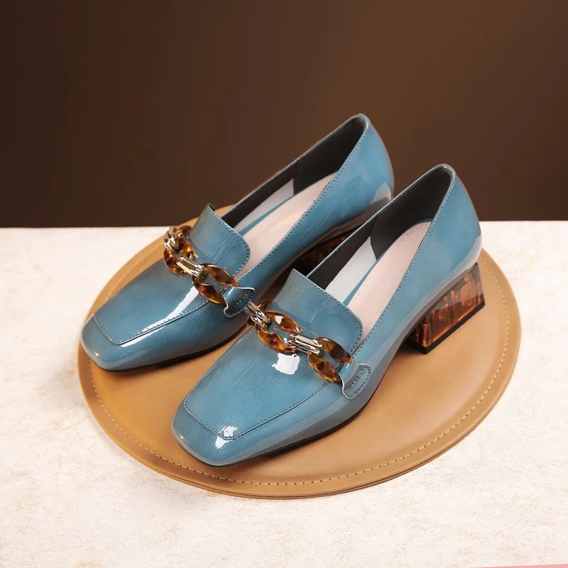 blue ZVQ/Новые Модные осенние женские туфли-лодочки женская обувь из натуральной кожи с квадратным носком на среднем каблуке без застежки Прямая поставка, размер 33-42 - Цвет: blue