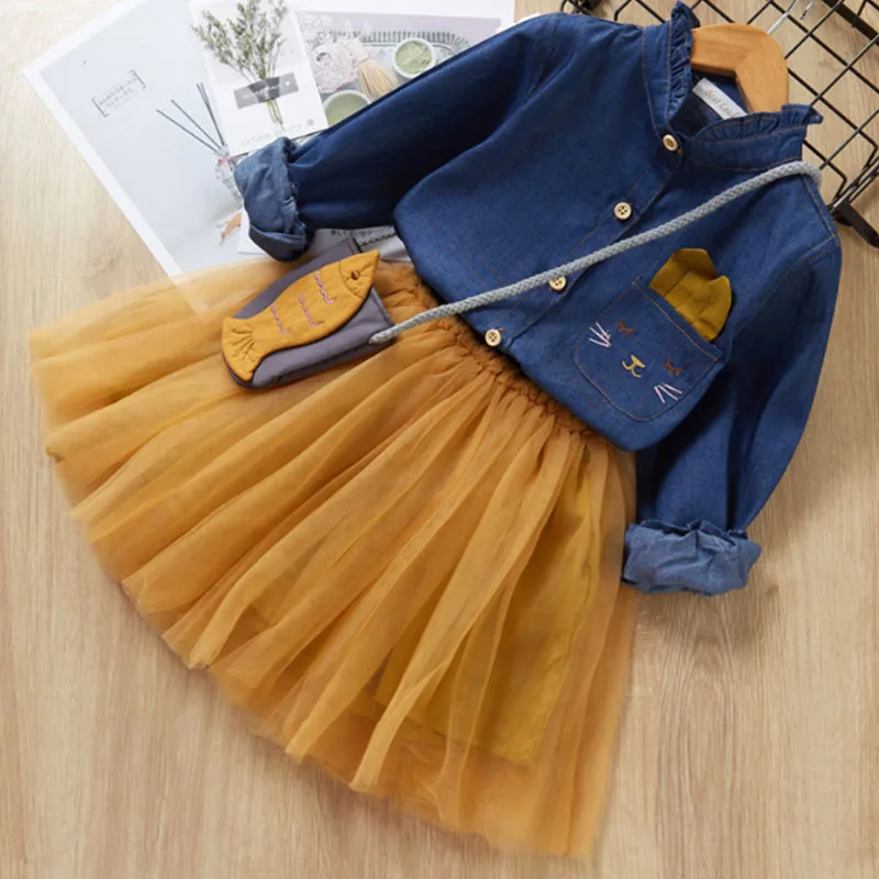

Baby Girls Dress 3-8T Casual New Spring Long Sleeve Denim Shirt Tops Blouse+Mesh Design +Cartoon Bag Suits Costume Set