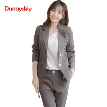 

Dunayskiy 2020 New Women Pant Suits 2 Piece Set Long Sleeve Dark Gray Striped Slim Blazer Jacket and Trouses Office Lady Fashion