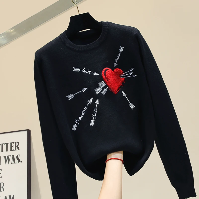 

Autumn Embroidery Loving Sweater Women New Knitted Coat Long-sleeved Undershirt Black Sweater Jumper Pull Femme