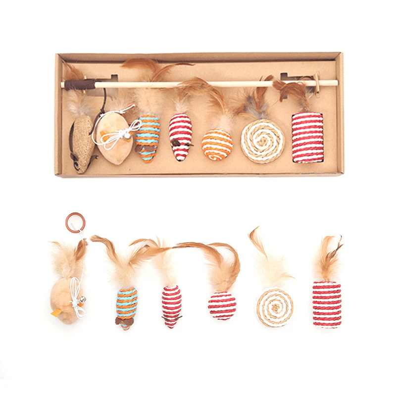 

7Pcs/Set Cat Toy Set Gift Box Hemp Rope Interactive Stick Funny Feather Cats Toys Wood Rod Kitten Catcher Mouse Pet Supplies