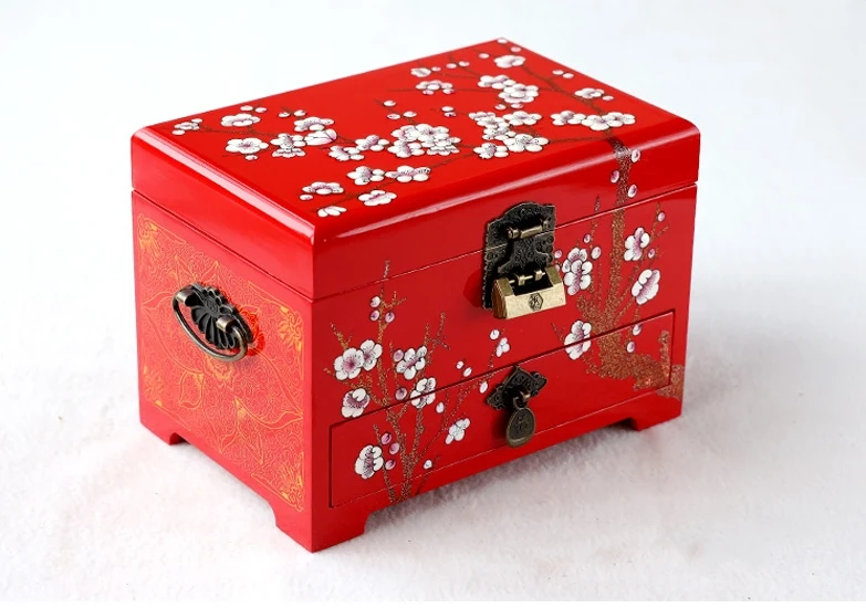 

Handle Wedding Sliding Drawer Jewelry Box with Lock Wooden 3 Layer Lacquerware Vintage Chinese Decorative Storage Cases Gifts