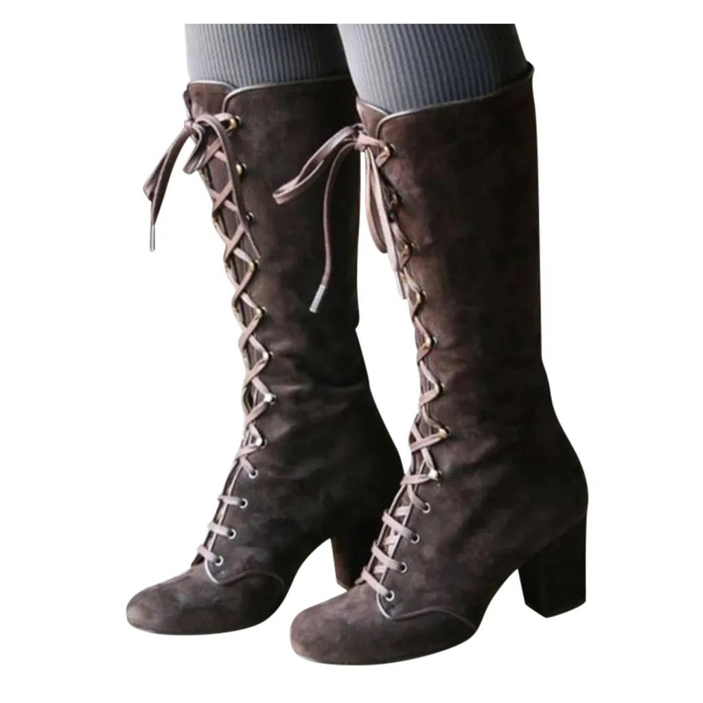 Женская обувь с ремешками крест-накрест, повседневные Винтажные ботинки до середины икры в стиле ретро Обувь на толстом квадратном каблуке со шнуровкой женские высокие сапоги до колена