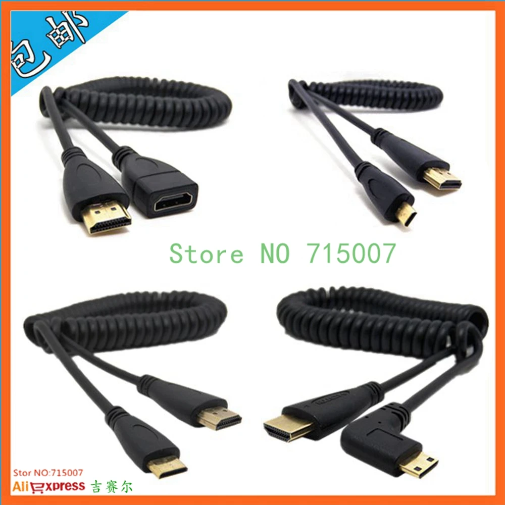 HDMI для правого и левого угла Mini HDMI& Micro HDMI для мужчин растягивающийся пружинный изогнутый гибкий кабель V1.4 DSLR 0,5 м/1,5 м