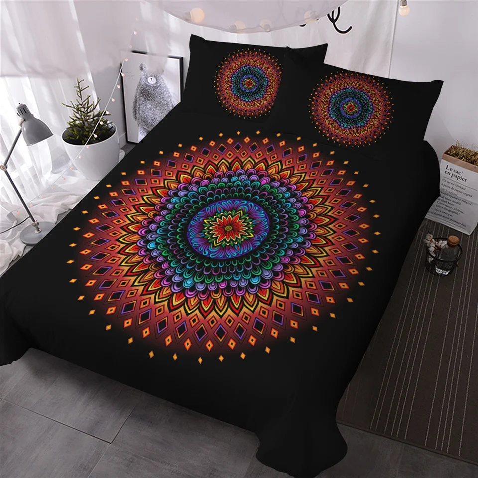 

HM Life Floral Print Bedding Set Colorful Bed Duvet Cover Sets 3pcs Bohemian Style Comforter Cover Flower Black Bedclothes