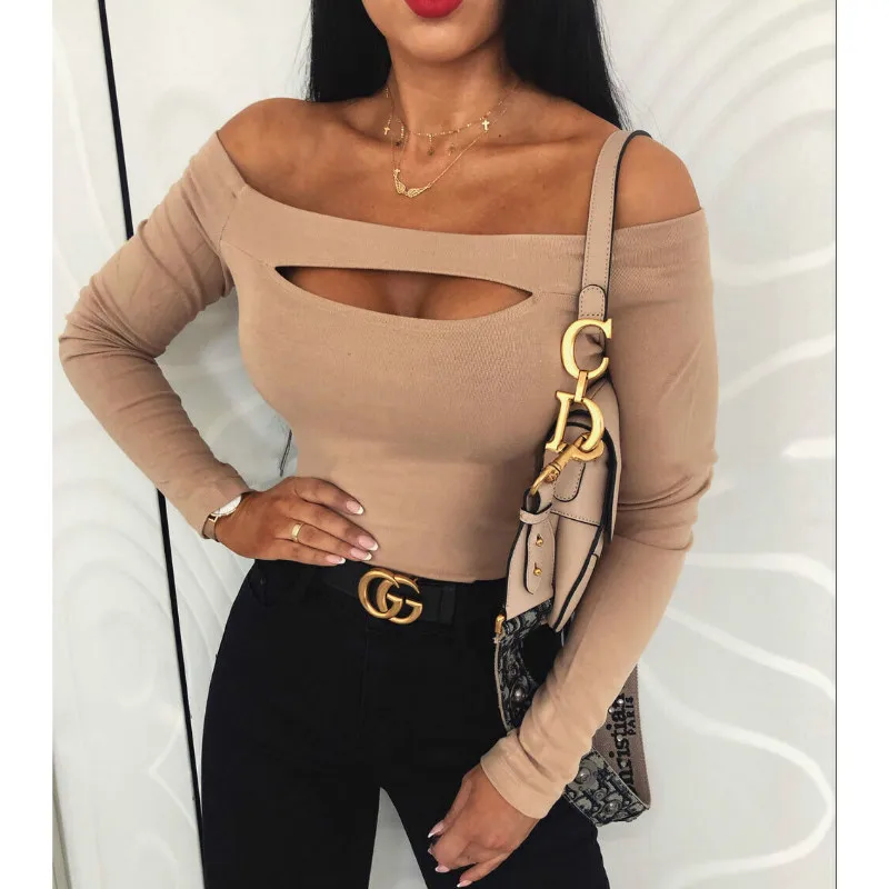 

Autumn Sexy Cut Out Off Shoulder Long Sleeve Slim TeeT Shirt Solid Color Casual Top Pullovers