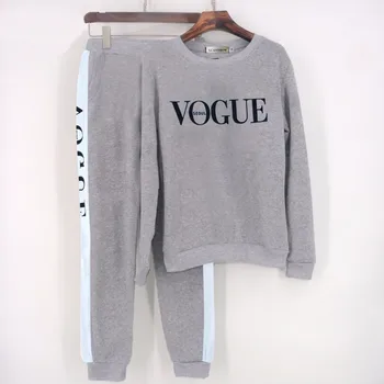 

Tracksuit 2020 Autumn Winter Women's Suit VOGUE Letter Printed 0-Neck Sweatshirt + Patchwork Long Pant 2 Piece Set