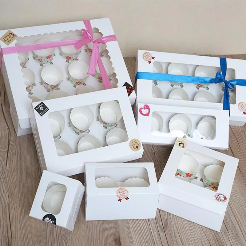 

10pcs White Kraft Paper Box with window 1/2/3/4/6/8/12 Hole Cupcake Box Insert Small/Large Cake Packing Box Muffin Cardboard Box