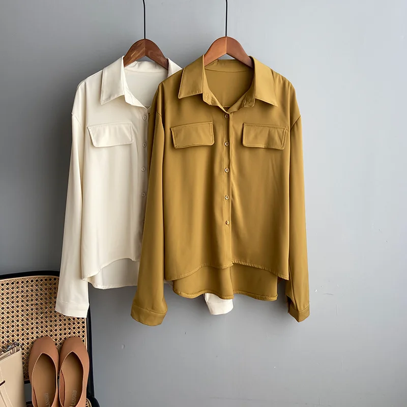 

2020 Spring New Korean Solid Color Turn-down Collar Shirt Women's Long Sleeve Single Breasted Shirt Womens Tops and Blouses