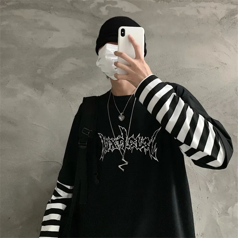 

Lychee Harajuku Patchwork Striped Women T-shirt Fake 2 Pieces Women T Shirt Letter Print Long Sleeve Lady T-shirts