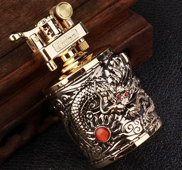 Big Size Metal With Leather Gasoline Cigarette Lighter Grinding Wheel Metal lighter Inflatable Tobacco Kerosene Carving Lighter color1