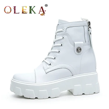 

OLEKA Leather Mid-calf Winter Boots Women Square Heel Metal Decoration Round Toe Winter Boots Leisure Style Basic New AS695
