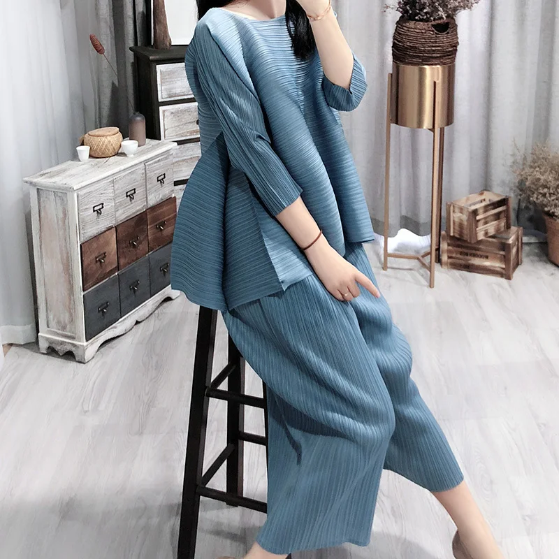 [EAM] 2020 New Spring Vintage O Collar Loose Three Quarter Sleeve Tops Full Length Pants Suit Summer Women Fashion Tide OA979