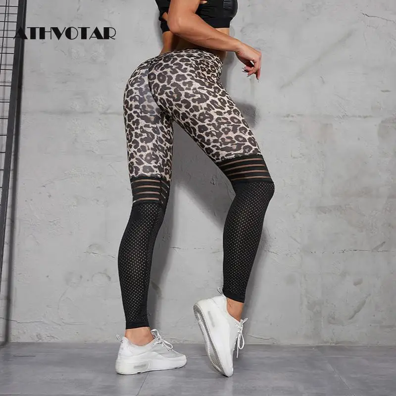 

ATHVOTAR Sexy Leopard Print Leggings Women Activewear Mesh Patchwork Fitness Legging High Waist Workout Leggings Jeggings