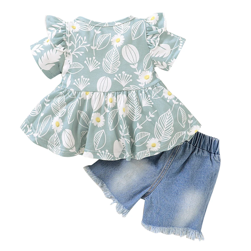 Flower Print Baby Girl Clothes Kids Clothes For Girls Ruffle Floral Tops+Ripped Jeans Summer Short Sleeve Girls Clothing D30