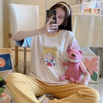 

Korea Summer 2020 Women Pajamas Set Anime Sailor Moon Short Sleeve Shirts And Long Pants Nightgown Harajuku Girls Homewear